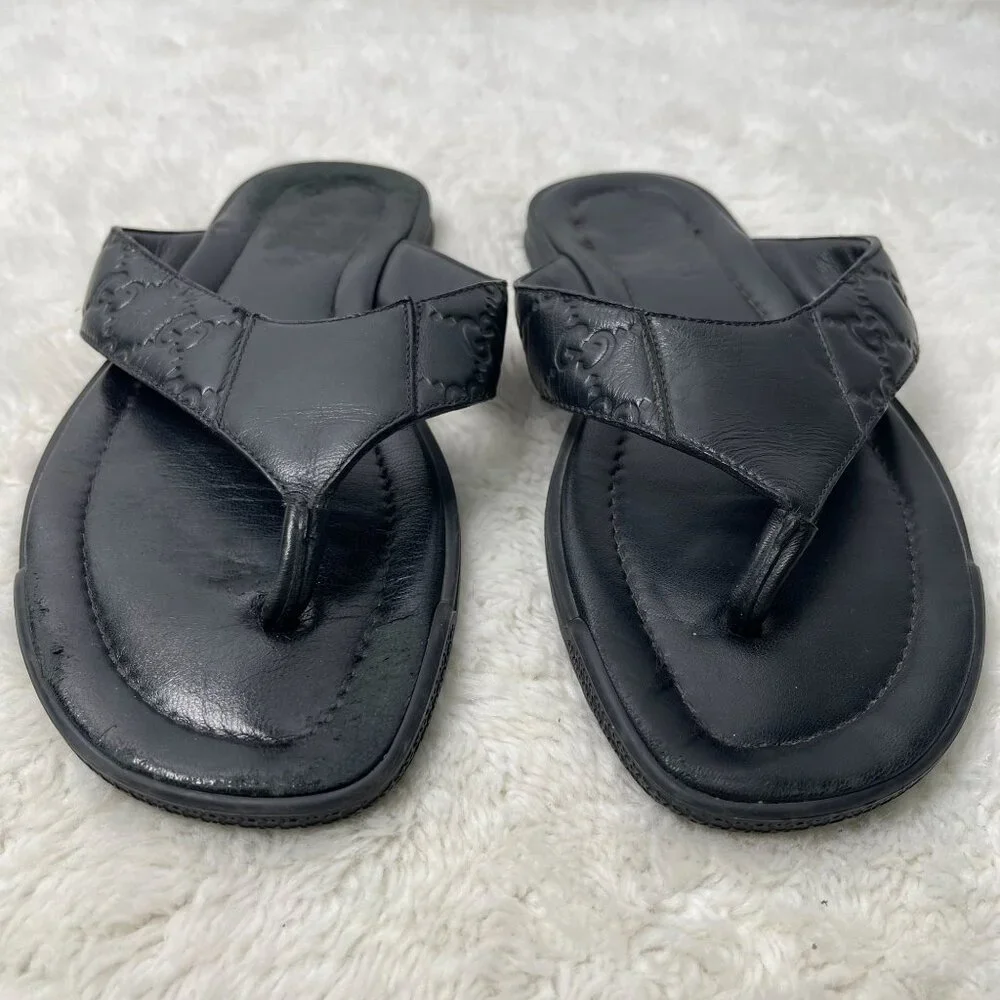 Y2K Vintage Gucci Women's Black Guccissima Leather Flat Thong Sandals Size 6.5/7 - Picture 3 of 11